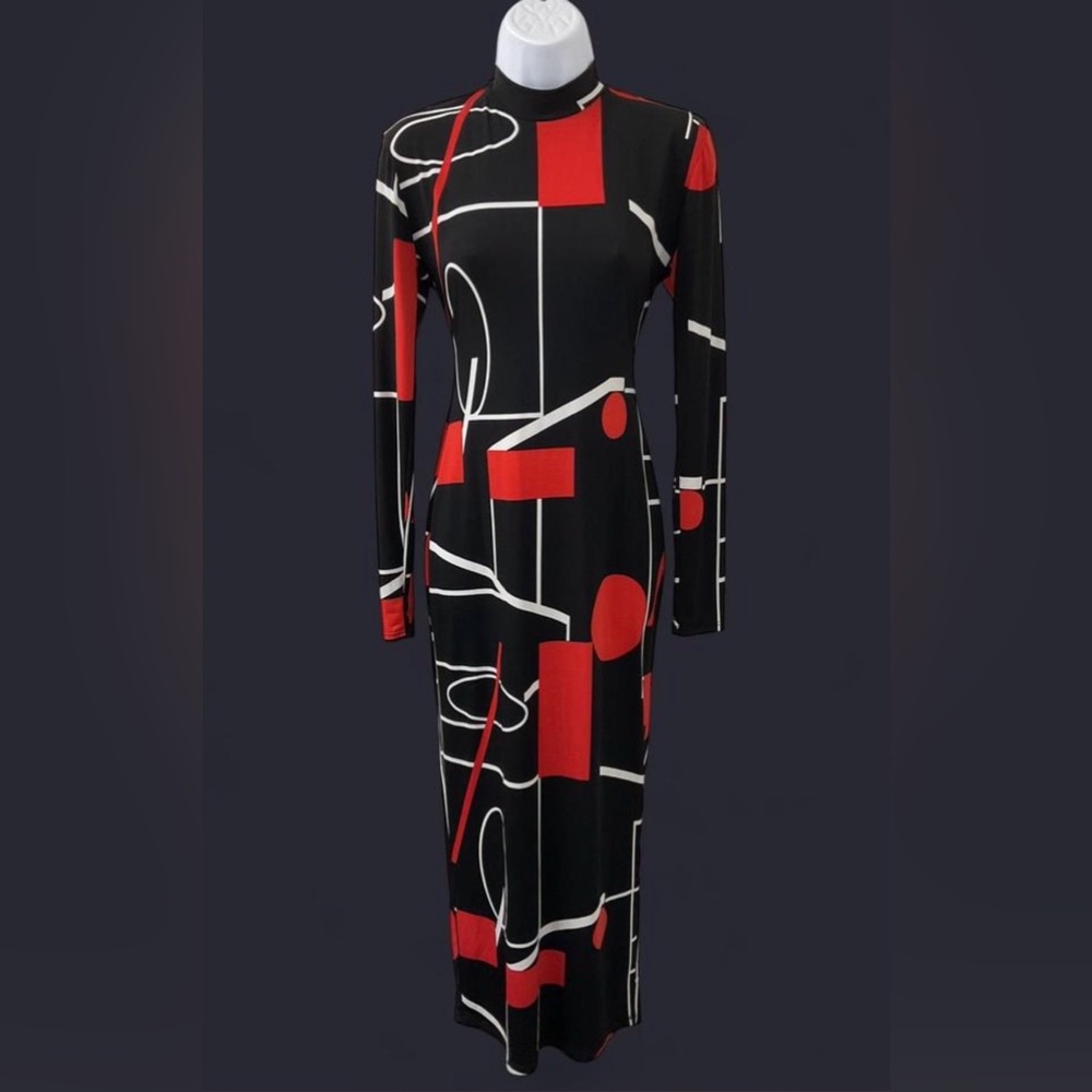 Good Times Black & Red Geometric Long Sleeve Bodycon Dress